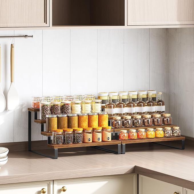 YATINEY Spice Rack, 4 Tier Wooden Display Riser Stand, Kitchen Storage Organizer for Spices, Versatile Display Shelf, Space Saving, for Kitchen Countertop and Cabinet, Rustic Brown SR04L2BR - Image 2