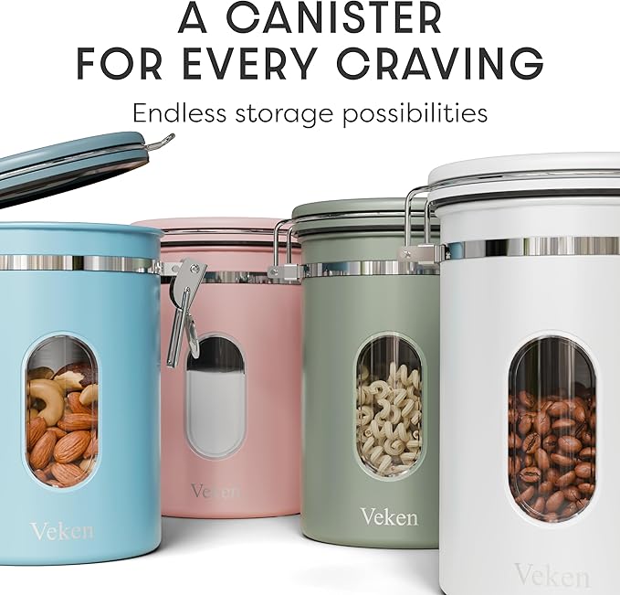 Veken Coffee Canister with Window, Easter Gifts Airtight Stainless Steel Container with Lids, Home Kitchen Food Storage Jars for Grounds, Beans, Tea, Flour, Cereal, Sugar, Basket, Scoop, 22OZ, Green