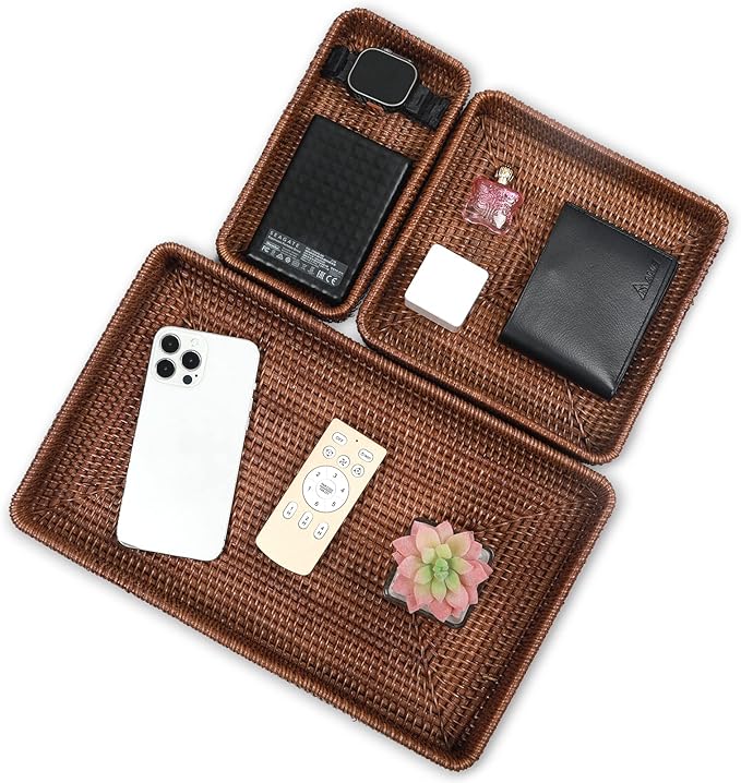 Rattan Serving Tray, Rectangular Woven Tray, Natural Wicker Decorative Serving Baskets for Organizing Tabletop Bathroom Kitchen Counter (Dark Brown)