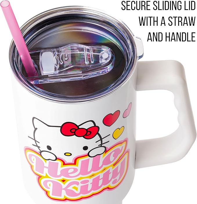 Silver Buffalo Sanrio Hello Kitty Name and Hearts Double Walled Stainless Steel Tumbler with Handle and Straw, Fits in Standard Cup Holder, 40 Ounces