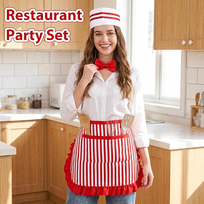 1950s Waiter Costume Kit, Soda Jerk Costume, Red and White Striped Half Apron with 2 Pockets, Chef Hat, Red Bow Ties - Image 5