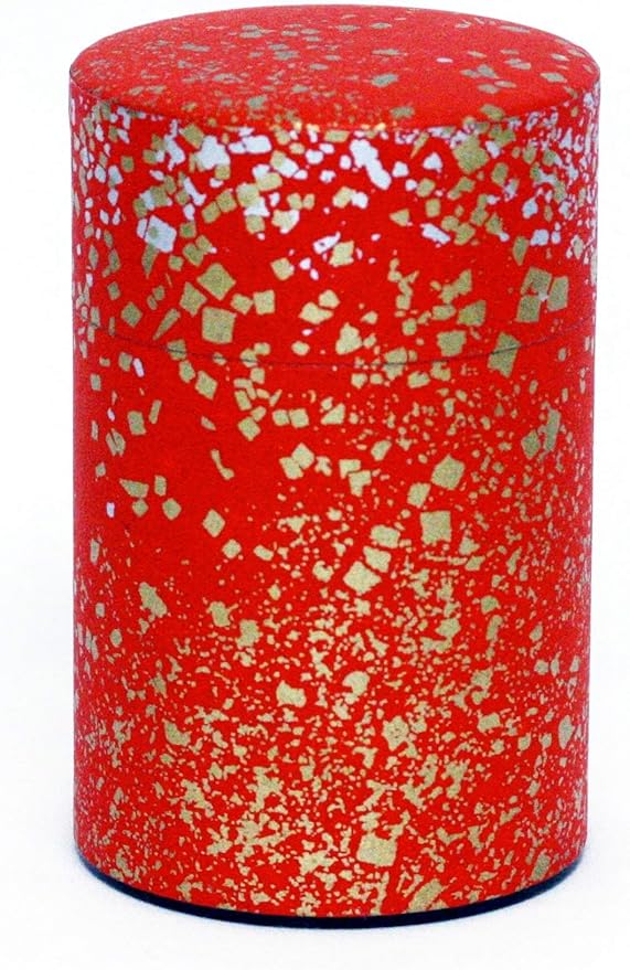 Washi Paper Tea Tin Canister: Long 3.5oz (100g) Gold and Silver Stardust in The red Sky (#88), Japan