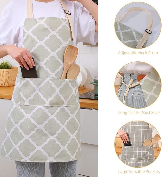 Tosewever 2 Pieces Cotton Linen Waterproof Bib Kitchen Apron with Pockets - Long Ties Adjustable Neck Strap - Unisex BBQ Cooking Drawing Crafting Aprons for Women Chef (Grey/Green, 2) - Image 4