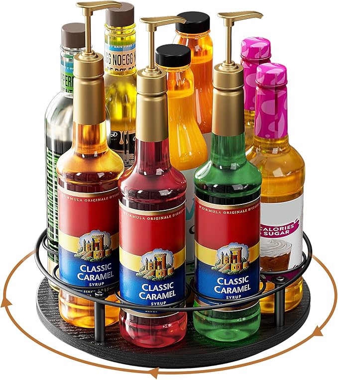 Nuovoware 9 Bottles Rotating Coffee Syrup Rack, Syrup Rack Organizer Carbon Steel Frame with Wooden Base Bottle Holder for Coffee Flavored Syrups Table Top Thermos Liquor, Black+Black
