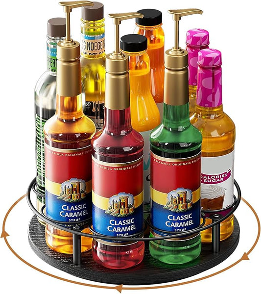 Nuovoware 9 Bottles Rotating Coffee Syrup Rack, Syrup Rack Organizer Carbon Steel Frame with Wooden Base Bottle Holder for Coffee Flavored Syrups Table Top Thermos Liquor, Black+Black