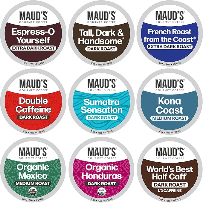 Maud's Bold Dark Roast Coffee Pods Variety Pack, 40 ct, 9 Assorted Dark Roast Flavors in Single Serve Pods – 100% Arabica Coffee, Compatible with Keurig K Cups Maker