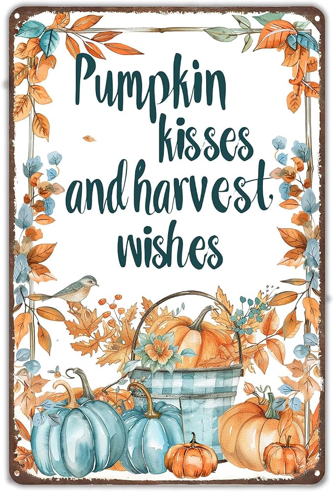 KanaAt Pumpkin Kisses and Harvest Wishes Metal Tin Sign Fall Decorations for Home Kitchen Farmhouse Porch Thanksgiving Party Wall Decor 8x12 inch, diany-m92 by Unknown