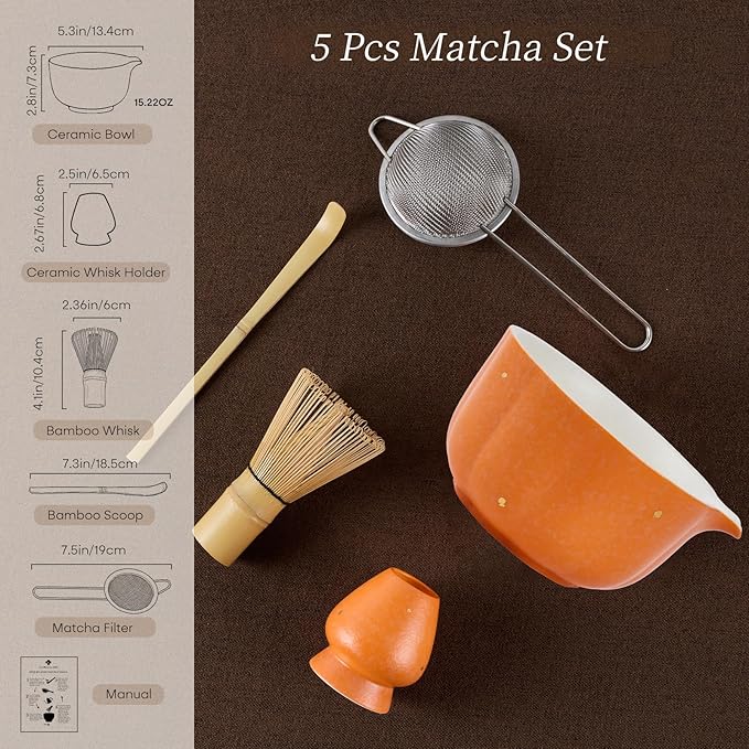 Matcha Whisk Set Includes Matcha Bowl with Spout, Bamboo Whisk (Chasen), Whisk Holder, Sifter, Scoop, 5PCS Matcha Starter Kit for Matcha Lovers, Matcha Set with Gold Foil Decoration, Orange