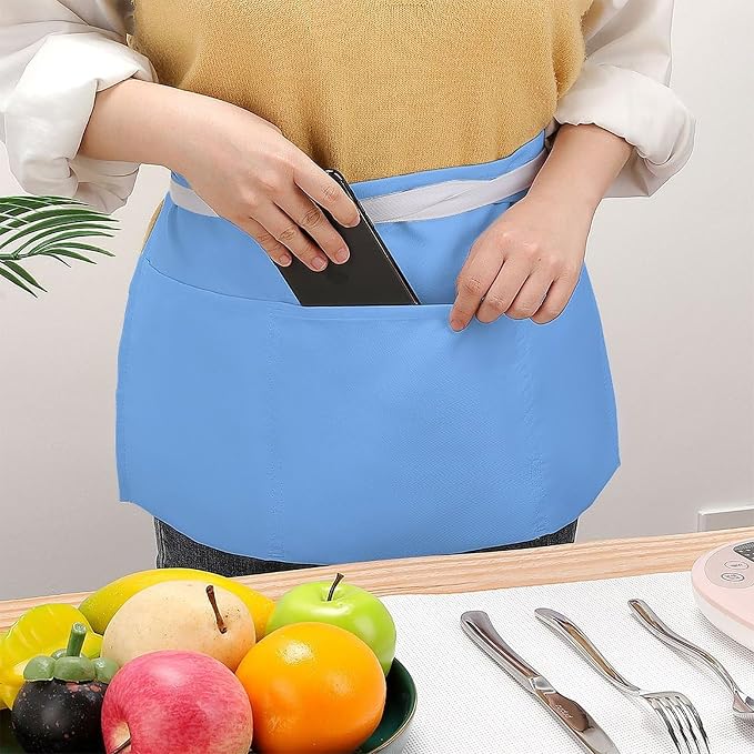 Server Aprons - Waterproof Quick Drying Half Waist Aprons for Women with 3 Pockets, Light-Blue Print Cooking Apron for Bartender Work Hairstylist Baking Barista Nail 11.8 Inch - Image 3