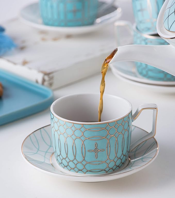 Jusalpha Porcelain Tea Set-Service of 4- Modern Elegant Mint Green Tea Cup and Saucer Set-Coffee Cup Set with Saucer and Spoon,TCS15 (4) (Blue)