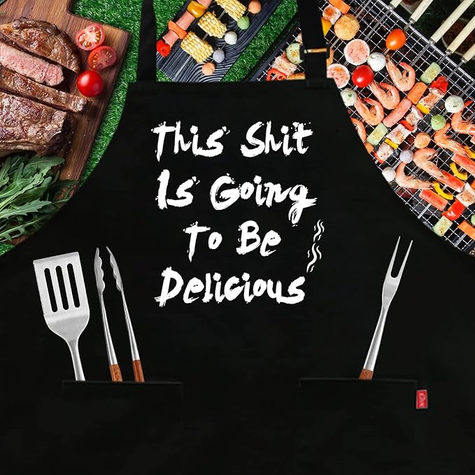 BBQ Funny Apron for Men, Chef Bib Apron with 2 Pockets, Adjustable Neck Strap and 40" Long Ties - Best for Kitchen Cooking, Grilling, Baking, Gardening - Black - Image 2