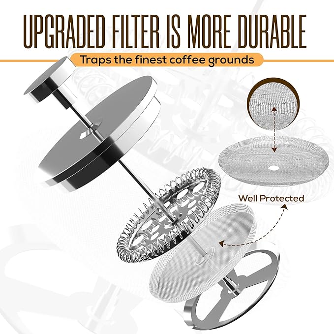 Utopia Kitchen 304 Grade Stainless Steel French Press Coffee Maker 34 Oz, Double Wall Insulated Coffee Press with 4-Level Filtration System, Include 2 Extra Filters, Rust-Free, Dishwasher Safe, Silver