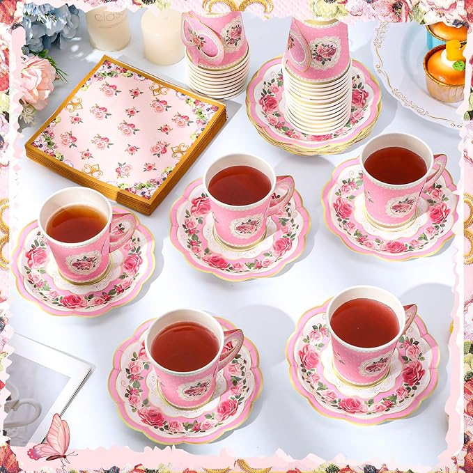 Vesici 150 Pcs Floral Tea Party Decorations for Table 9 oz Disposable Paper Tea Cups with Handles Plates, Saucers and Napkins Set for Spring Party Girl Birthday Wedding Mothers Day(Vivid Style)