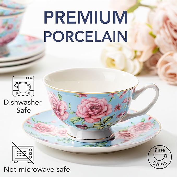 BTaT- Floral Tea Cups and Saucers, Set of 4, 8 oz, Fine Porcelain Teacup Set with Gold Trim for Afternoon Tea, Weddings, Parties & Gifting, Dishwasher Safe and Freezer Safe