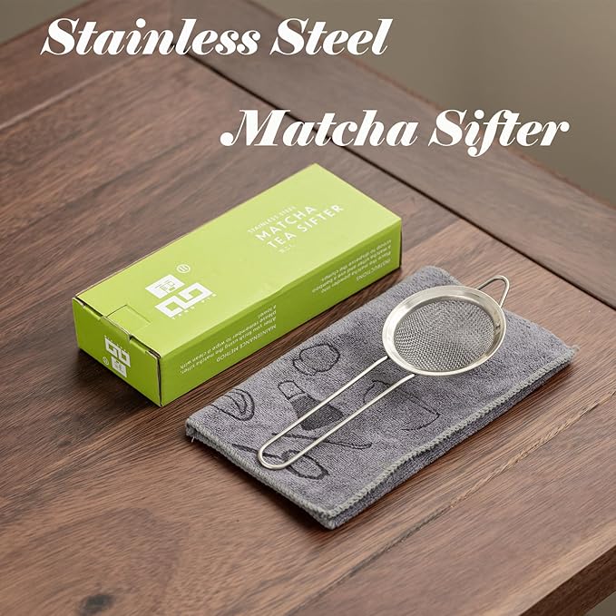 TANG PIN Matcha Sifter, Matcha Strainer and Tea Towel, Stainless Steel Sieve Sifter with Handle, Small Metal Strainer for Matcha, Juice, Drink, Herbs, Mini Sifter for Flour, Kitchen, Baking, Silver