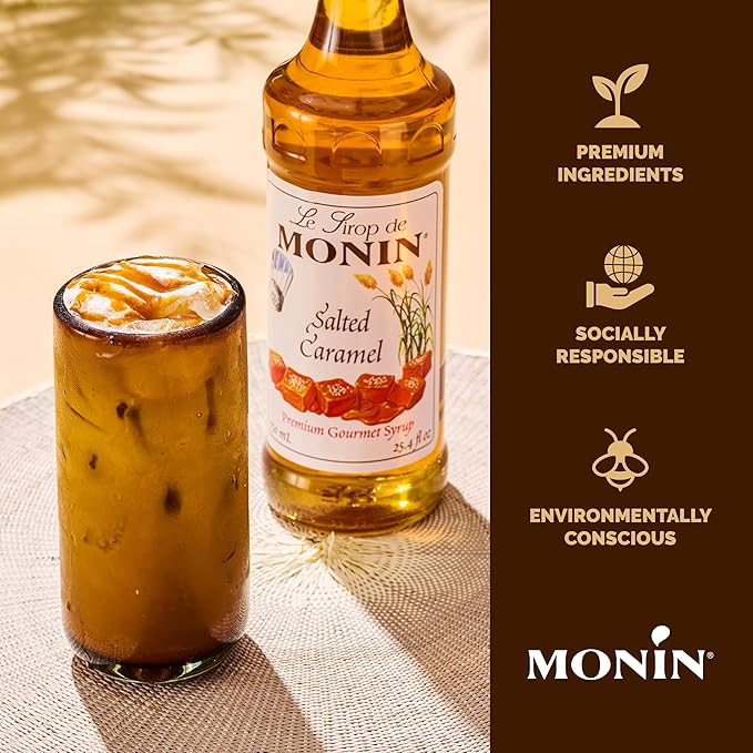 Monin - Salted Caramel Syrup, Natural Flavors, Great for Mochas, Lattes, Smoothies, Shakes, and Cocktails, Non-GMO, Gluten-Free (1 Liter)