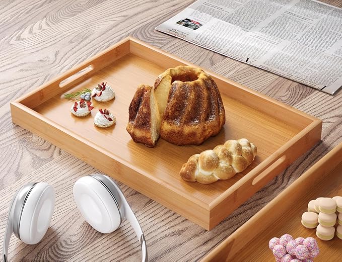 Bamboo Set of 2 Serving Tray with Handles,Decorative Trays Platter,Breakfast Tray in Bed,Food Drinks Tray for Eating,Working,Storing(Natural)