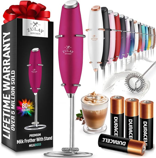 Zulay Kitchen Powerful Milk Frother Wand With 4 AA Duracell Batteries - Ultra Fast Handheld Drink Mixer - Electric Whisk Foam Maker for Coffee, Lattes, Cappuccino, Matcha & Creamer