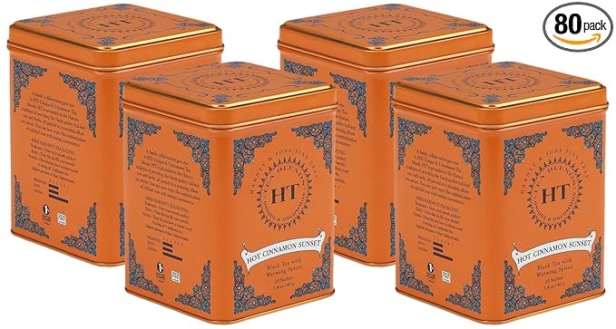 Harney & Sons Black Tea, 20 Sachets, Pack of 4 | Hot Cinnamon Sunset | Caffeinated | Orange and Cloves | Tin Packaging