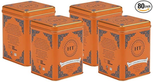 Harney & Sons Black Tea, 20 Sachets, Pack of 4 | Hot Cinnamon Sunset | Caffeinated | Orange and Cloves | Tin Packaging