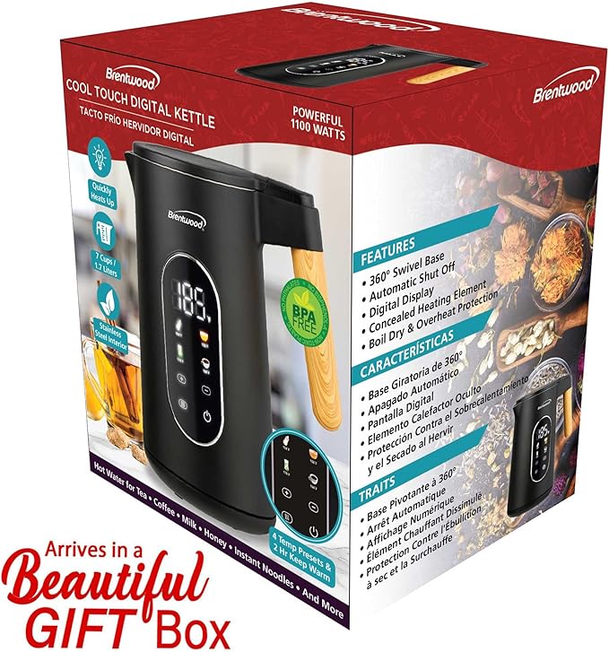 Brentwood 1100W 1.7L Cordless Cool Touch Digital Kettle with Stainless Steel Interior, Temperature Control with 4 Presets, 360° Base, Auto Shut-Off, Keep Warm, & Boil Dry Protection (Black, 1.7L)