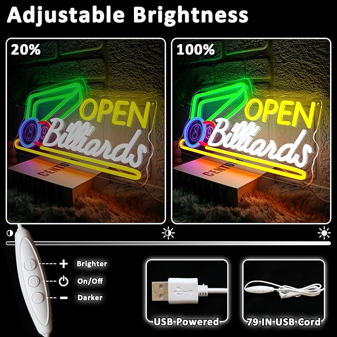 Billiards Neon Open Sign for Wall Decor Dimmable 16.54" x 8.78" Led Sign for Pool Room USB Powered Neon Light for Business Game Room Billiard Club Bar Pub Party Man Cave Decoration