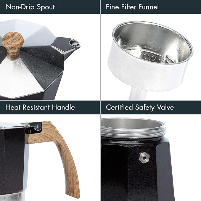 Primula Aluminum Stove Top Espresso Coffee Maker, Percolator Coffee Pot for Moka, Cuban Coffee, Cappuccino, Latte and more, Perfect for Camping, 6 Cup, Black