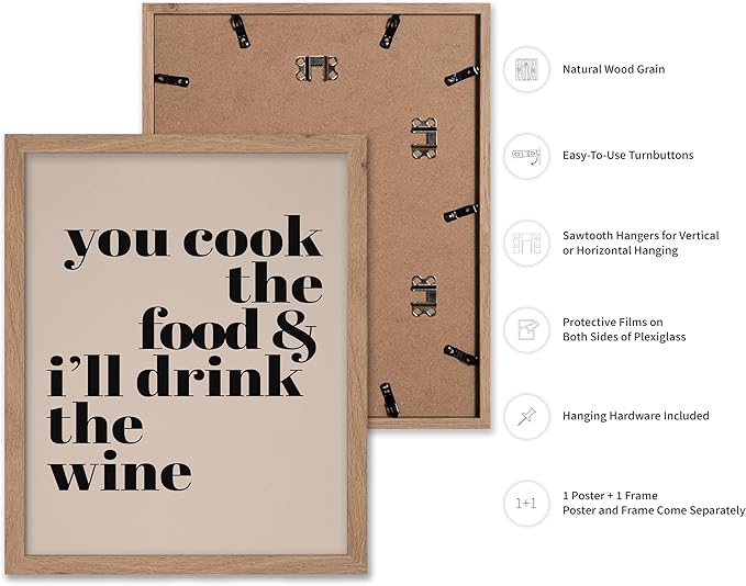 Poster Master Minimalist Poster - Funny Print - You Cook The Food, I'll Drink The Wine, Joke, Humorous, Unique - Gift for Artist, Friend - Wall Decor for Kitchen, Bar, Pub, 8x10 Beige Framed