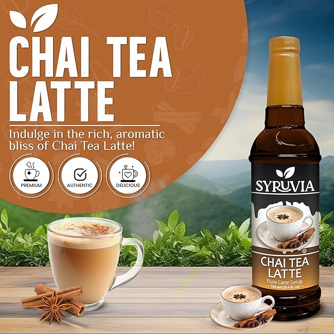 Syruvia Chai Tea Coffee Syrup - 25.4 fl oz. Ideal for Enhancing Drinks, Sodas, Shakes, Desserts, and More With Pump