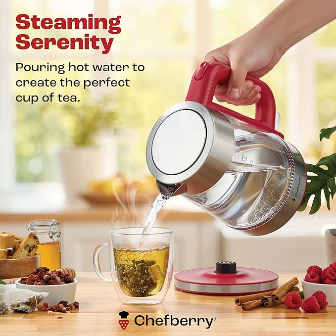 Electric Kettle for Boiling Hot Tea & Water | 1.7L Stainless Steel Borosilicate Glass Boiler With No Plastic, Automatic Shutoff, BPA Free, Fast Heating Technology (Red)