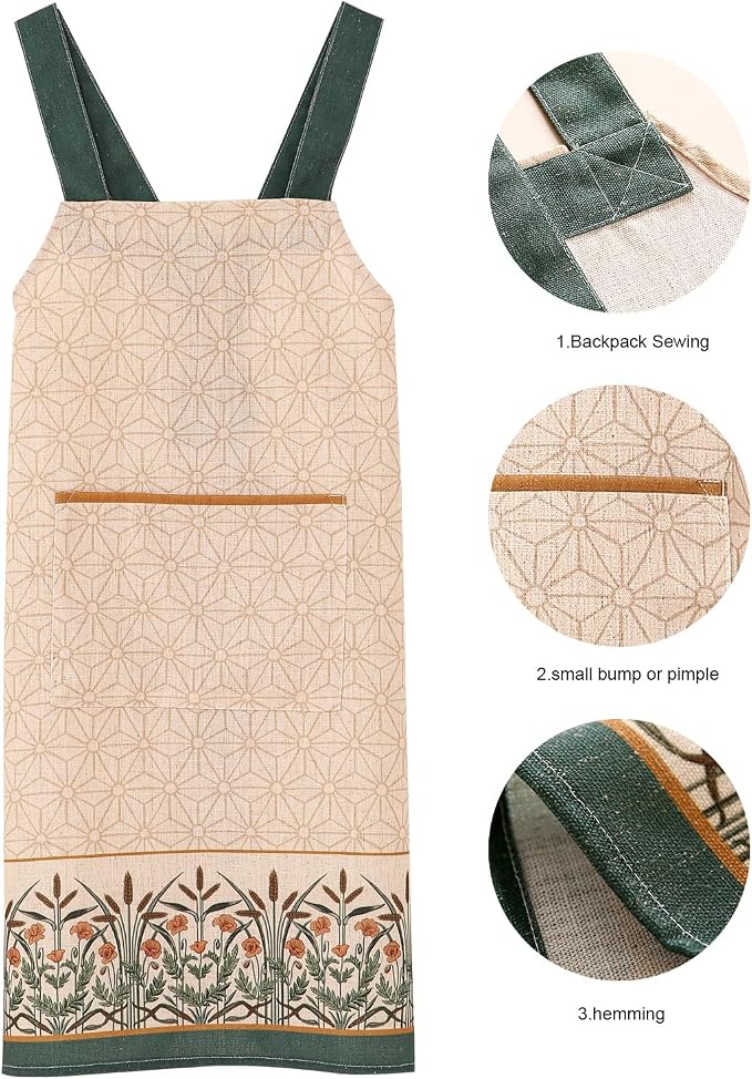 patdrea Blue Floral Linen Apron with Pocket,French Kitchen Garden Chef BBQ Aprons for Women and Men,Crisscross Back Straps - Image 6