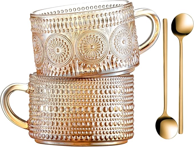 Gezzeny Vintage Coffee Mugs 14 Oz Set of 2 Amber Embossed Glass Tea Cups for Cappccino, Latte,Cereal, Yogurt, Beverage Christmas Thanksgiving Day Gifts