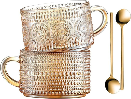 Gezzeny Vintage Coffee Mugs 14 Oz Set of 2 Amber Embossed Glass Tea Cups for Cappccino, Latte,Cereal, Yogurt, Beverage Christmas Thanksgiving Day Gifts