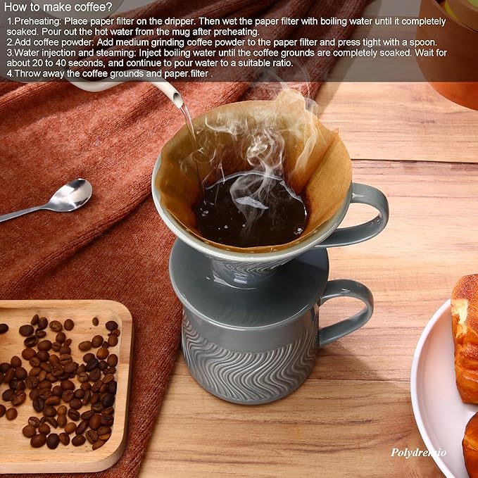 Pour Over Coffee Maker with 100 Sheets of Paper Filter, 15 oz Ceramic Coffee Mug & Coffee Dripper, 1 Cup-Single brew coffee set, Grey