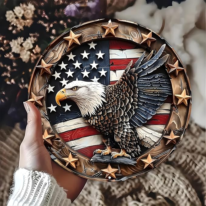 Eagle Wings Patriotic Aluminum Metal Wall Art - Weatherproof Round American Flag with Bald Eagle Decor, Pre-Drilled HD Print Sign for Home, Garage, Bar, Cafe - 8-Inch Diameter - Image 3