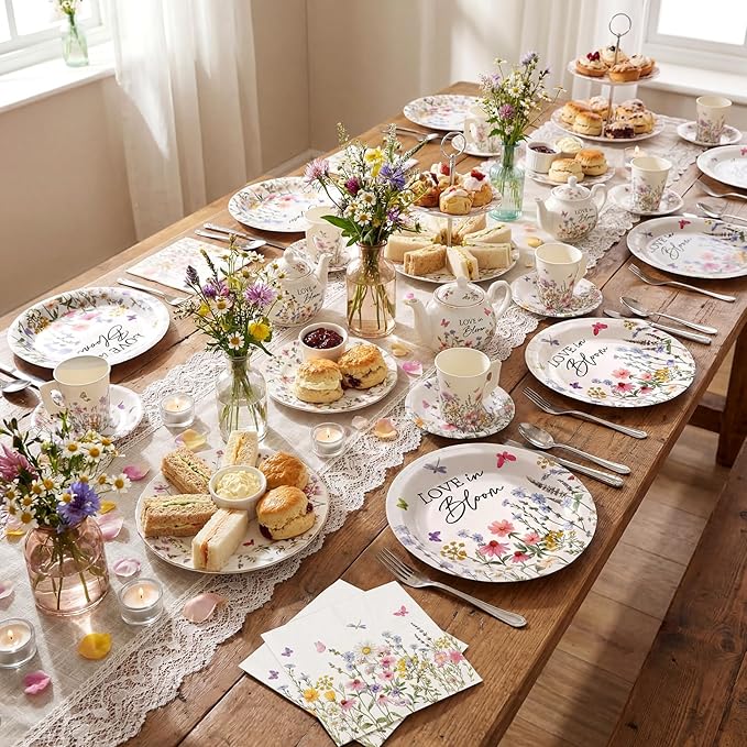 Pickmesh 252 Pcs Love in Bloom Tea Party Supplies for 36 Guests Wildflower Paper Disposable Dinnerware Flower Teacup with Handle and Saucers Set for Tea Party Decorations Birthday Baby Shower Wedding