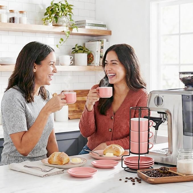 8oz Porcelain Stackable Cappuccino Cups with Saucers and Metal Stand Set of 4, Cappuccino Cups Set of 4, Pink Coffee Cups for Espresso, Specialty Coffee Drinks, Latte, Americano and Tea