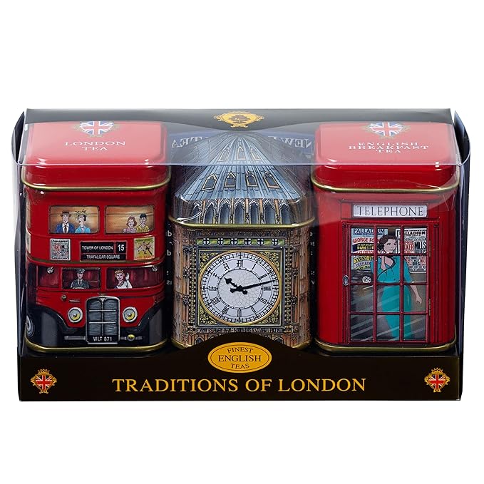 London Icons 3x Mini Tea Tins with Fine English Loose Tea (Big Ben, Red London Bus, Telephone Box)