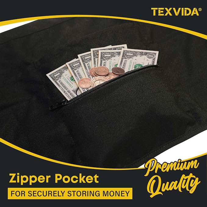 7 Pockets Server Apron with Buckle Closure & Zippered Money Pouch – Stain Resistant, Black Waitress Apron - Image 4