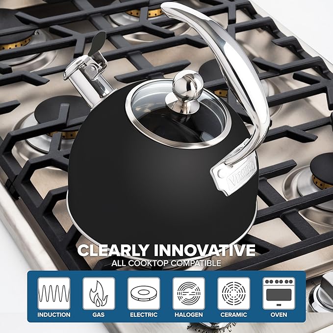 Viking 3-Ply Stainless Steel Tea Kettle, 2.6 Quart Stovetop Hot Water Pot with Tempered Glass Lid, Ergonomic Handle, Induction Ready, Matte Black