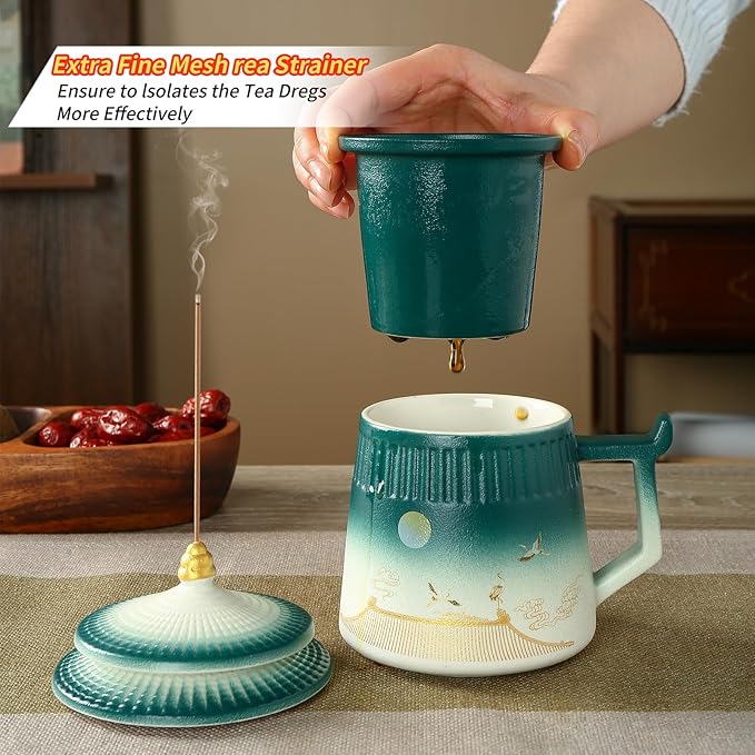 Tea Cup with Infuser and Lid,Loose Leaf Tea Steeper Cup 14.8oz Ceramic tea Infuser Mug Travel Large Steeping Cup Diffusers Mugs with Fine Strainer and Handle (White&Green)