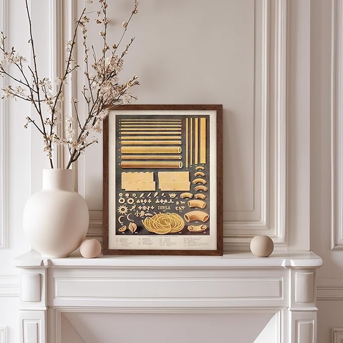 Poster Master Vintage Food & Drink Poster - Retro Pasta Print - Varieties of Pasta Art - Gift for Him, Her, Chef, Cook - Great Decor for Restaurant, Kitchen, Dining Room, 8x10 Brown Framed