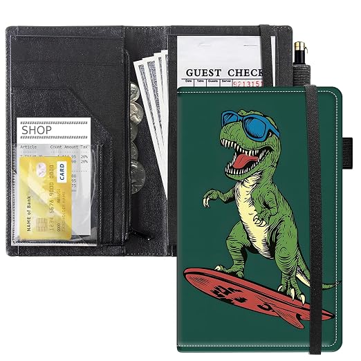 Server Books for Waitress, 5x9 Inch Waitstaff Server Order Pads, 11 Large Pockets, Cute PU Leather Waitress Book Server Wallet with Elastic Band Fit Server Apron,Surfing Dinosaur by Unknown