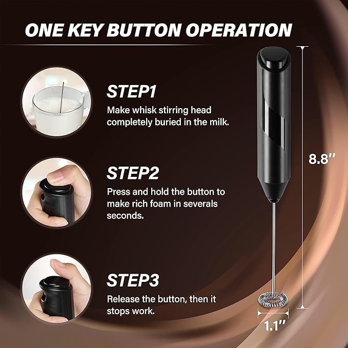Simple Deluxe Milk Frother Handheld with Stainless Steel Stand Battery Operated Whisk Drink Mixer for Coffee, Frappe, Latte, Matcha, Black