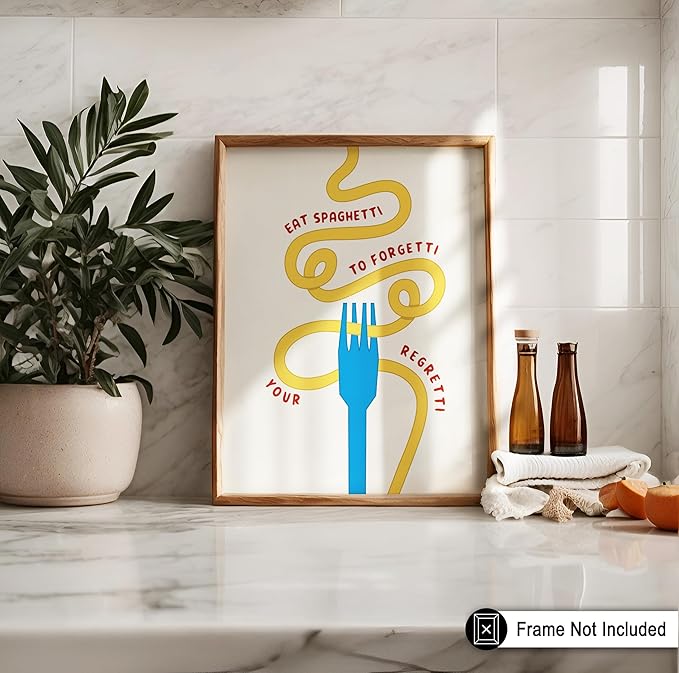 Poster Master Spaghetti Poster - Eat Spaghetti To Forgetti Your Regretti Print - Food & Drink Art - Gift for Chef, Cook - Fun Decor for Restaurant, Kitchen, Dining Room - 8x10 UNFRAMED Wall Art