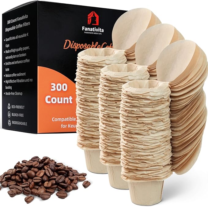 300 Count Fanativita Paper Coffee Filters Disposable with Genius Lid Design, Fit All Reusable K Cups for Keurig (Unbleached)