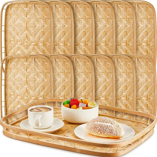 12 Pcs Bamboo Wicker Serving Trays 16.93 x 13 x 1.57 Inch Hand Woven Lap Trays for Eating Rectangular Flat Basket Tray Decorative Bedroom Bed Tray for Eating Dinner Fruit Snack Holder