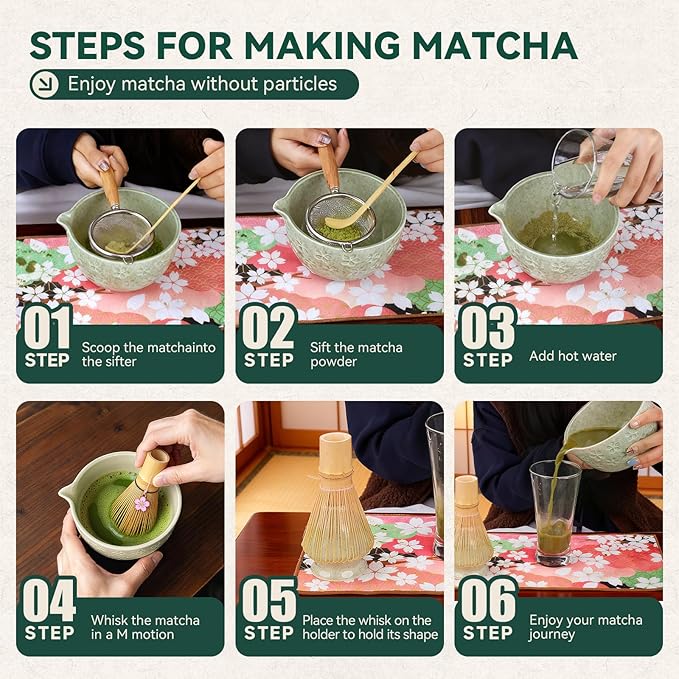 Sakura Matcha Whisk Set, 8 PCS Japanese-Style Matcha Kit with Cherry Blossom Matcha Bowl, Bamboo Whisk & Holder, Scoop, Spoon Rest, Wooden-Handle Sifter & Gift Box for Matcha Lovers (Mottled Green)