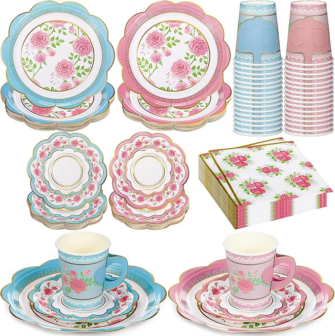 24 Sets Floral Paper Tea Cups and Saucers Disposable Tea Party Decorations 9 Inch Paper Plate, Saucer, Napkin, 9 oz Cups with Handle for Party Supplies (Floral)