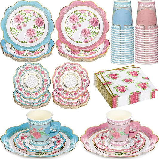 24 Sets Floral Paper Tea Cups and Saucers Disposable Tea Party Decorations 9 Inch Paper Plate, Saucer, Napkin, 9 oz Cups with Handle for Party Supplies (Floral)